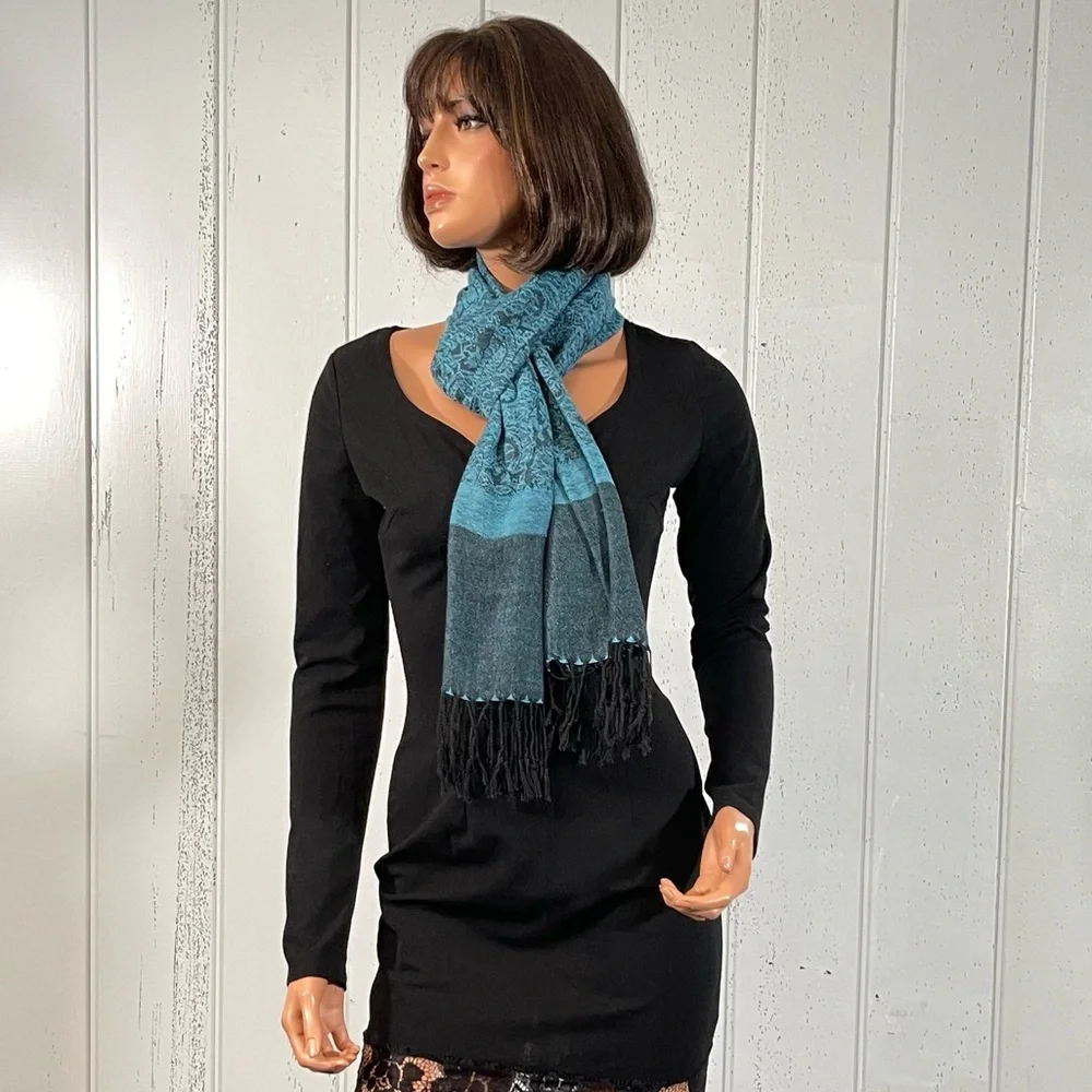 Women's Blue & Black Paisley Print Shawl Scarf with Fringe